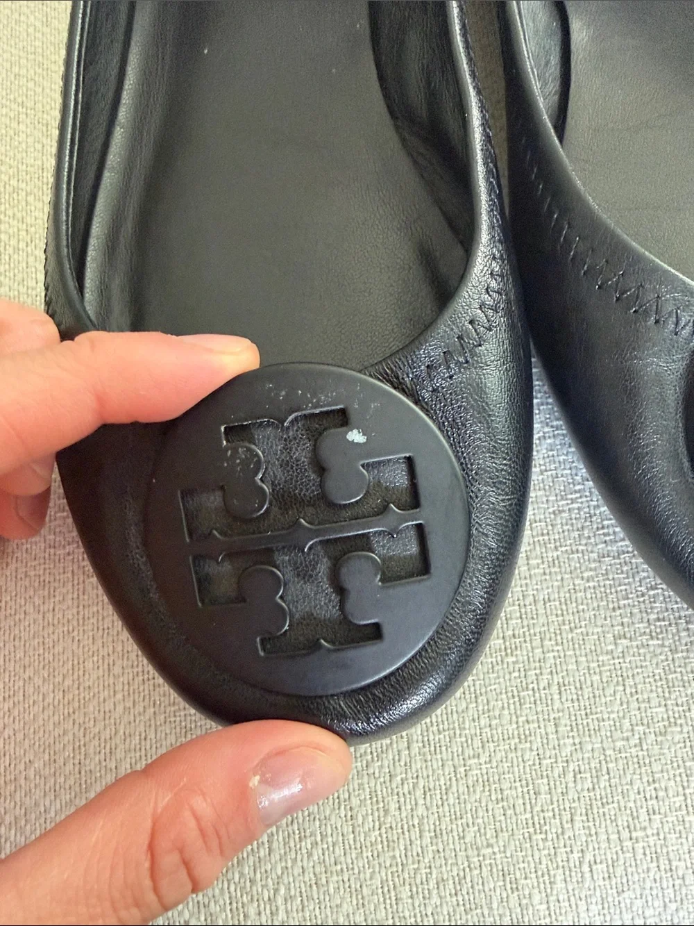 Tory Burch Black Leather Logo Round-Toe Ballet Flats